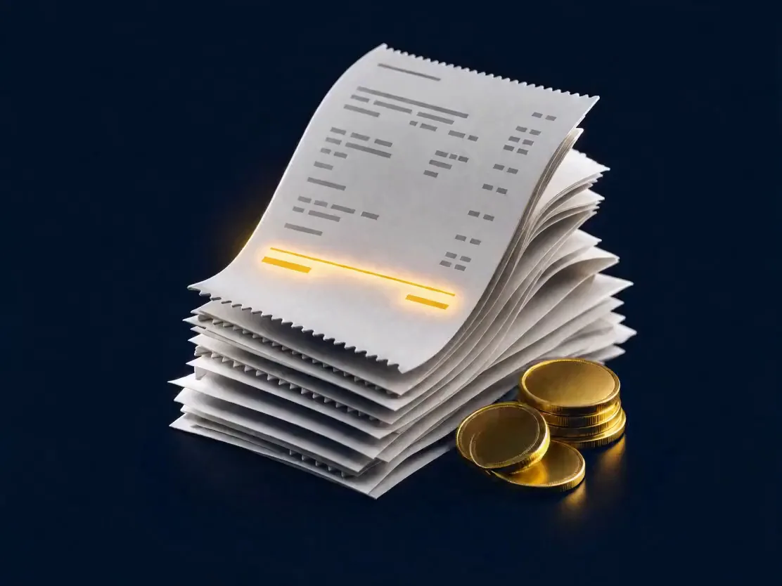 Stack of receipts with a glowing total line