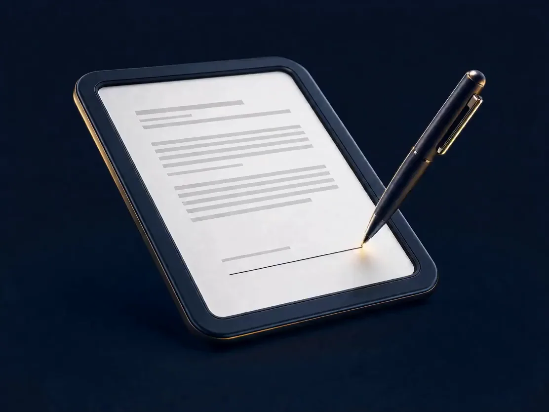 Pen signing a glowing signature on a tablet