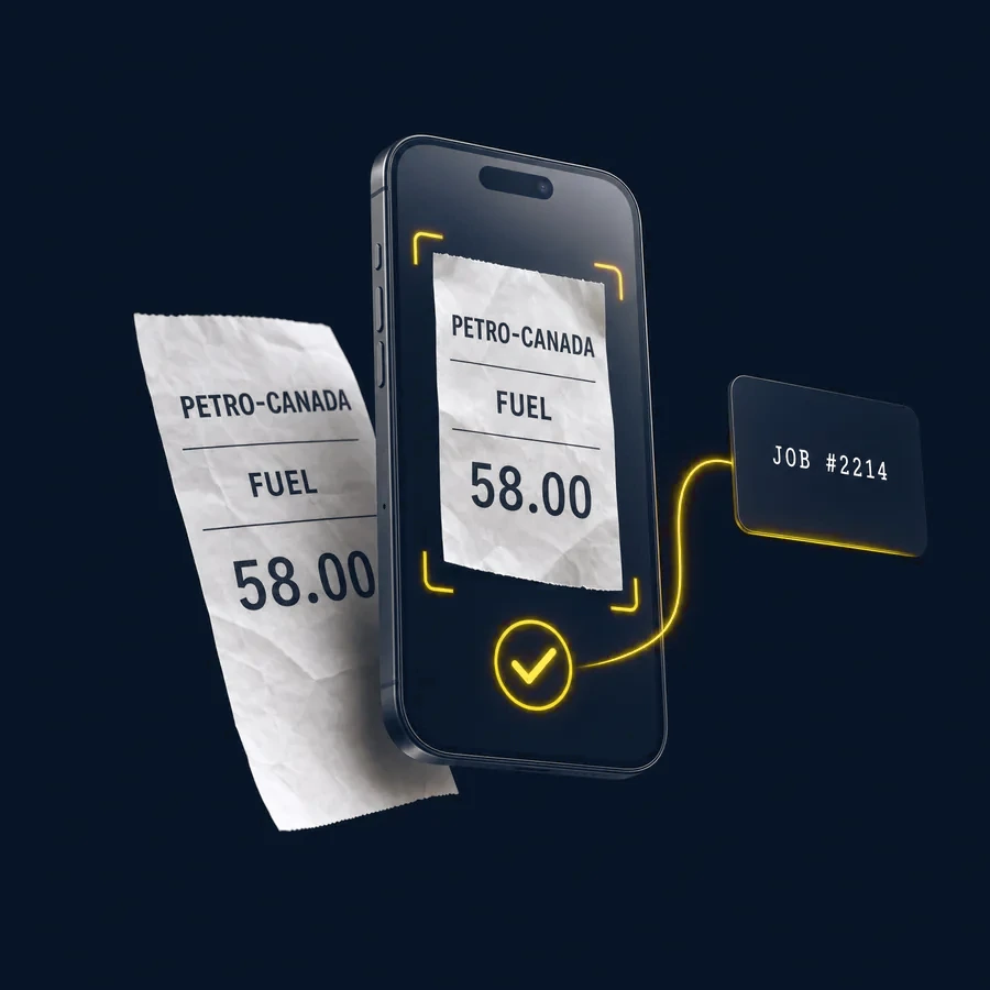 A phone scanning a $58 Petro-Canada fuel receipt that files itself to job 2214