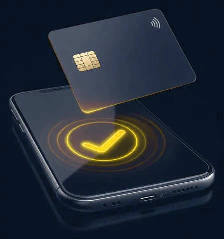 Card tapping a phone with an orange check