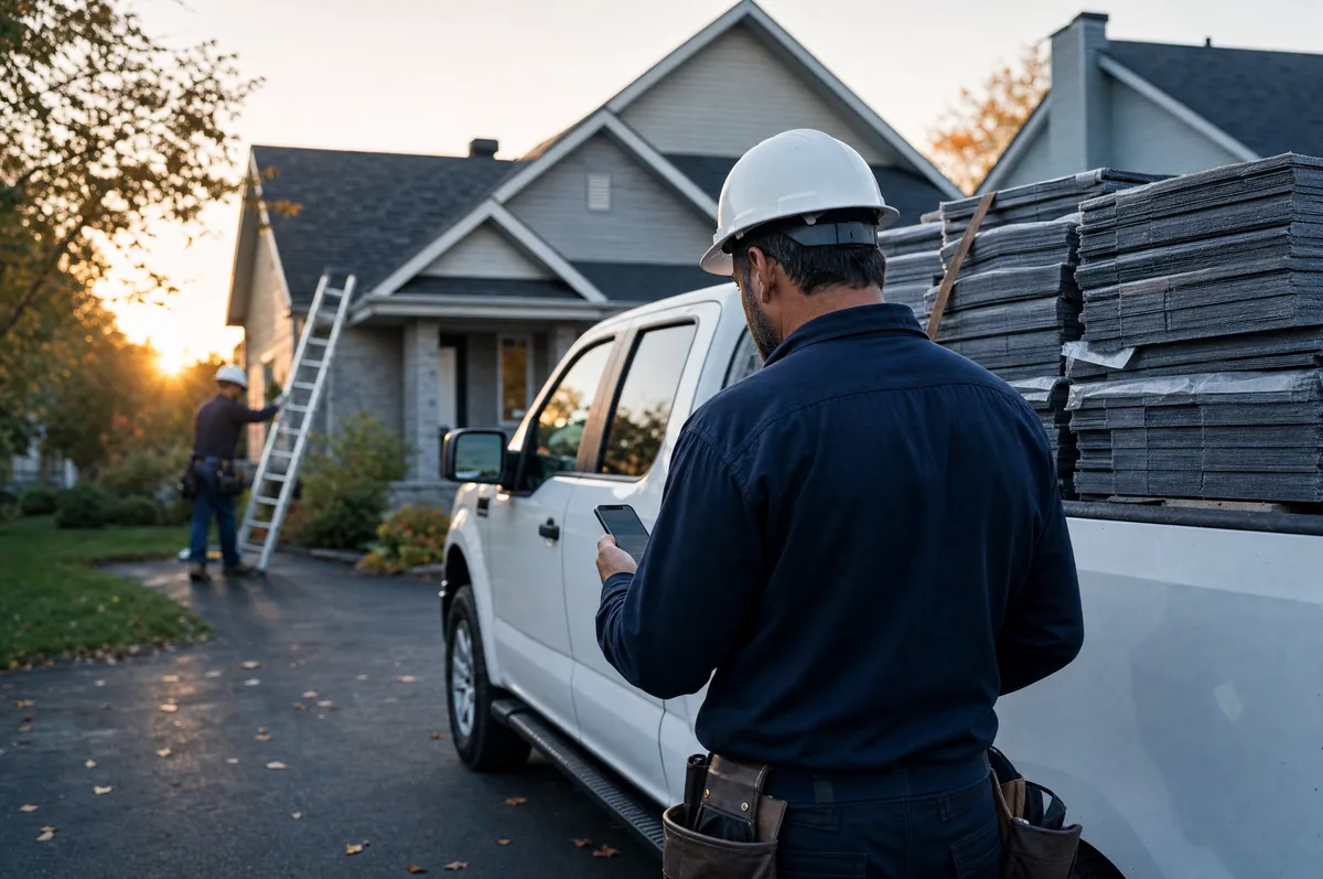 A roofing foreman beside a work truck loaded with shingle bundles, checking the day's job on his phone at dawn