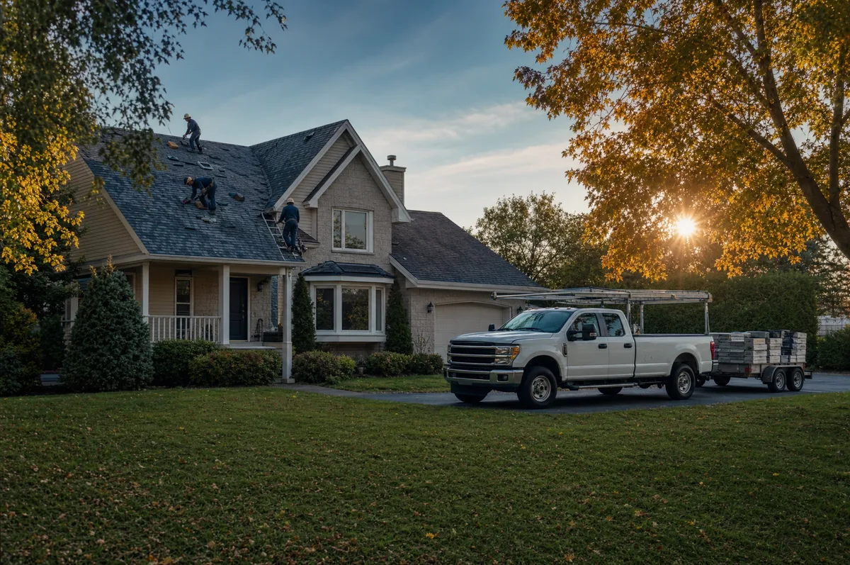 A work truck and shingle trailer pulling into the driveway of a house getting a new roof, the crew already starting on the roof