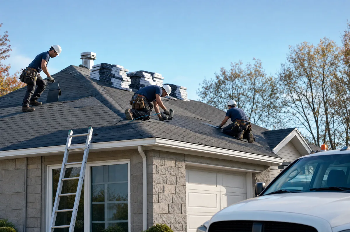 Three roofers installing asphalt shingles on a pitched roof with a ladder against the eaves