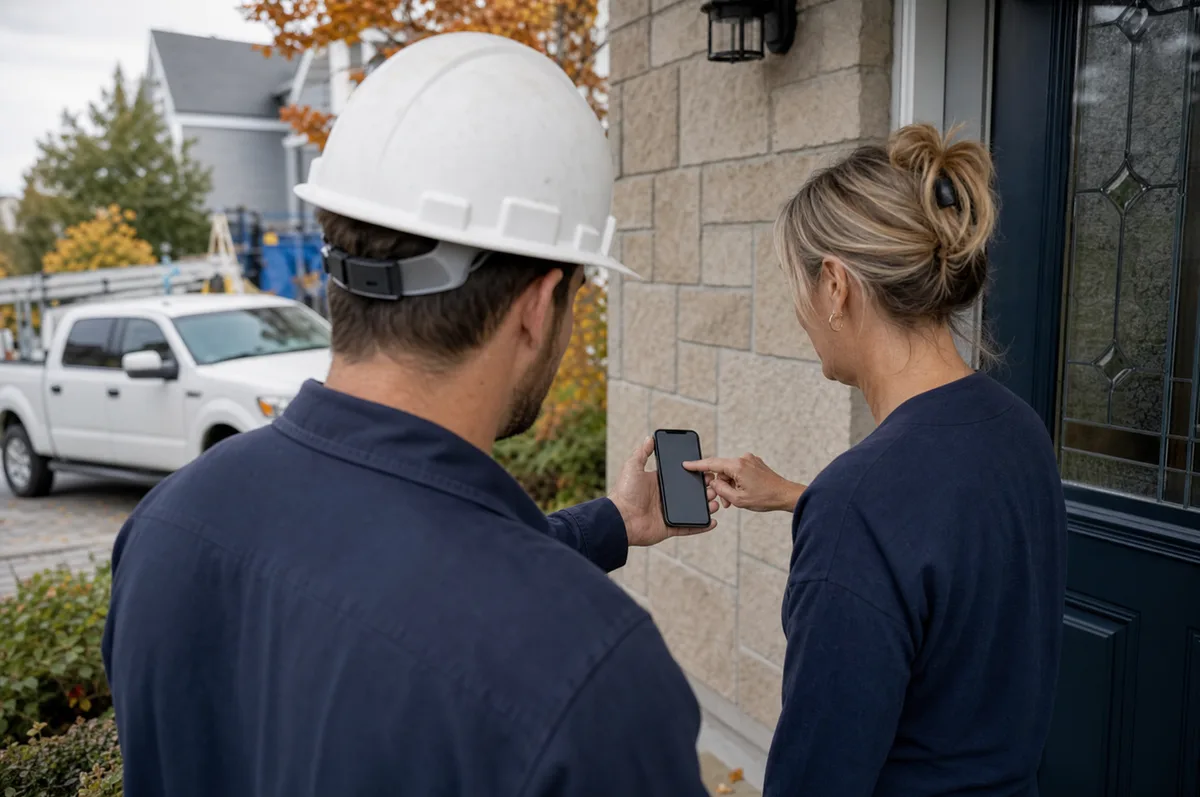 A foreman holding a phone out while the homeowner signs the sign-off on the screen at the front door