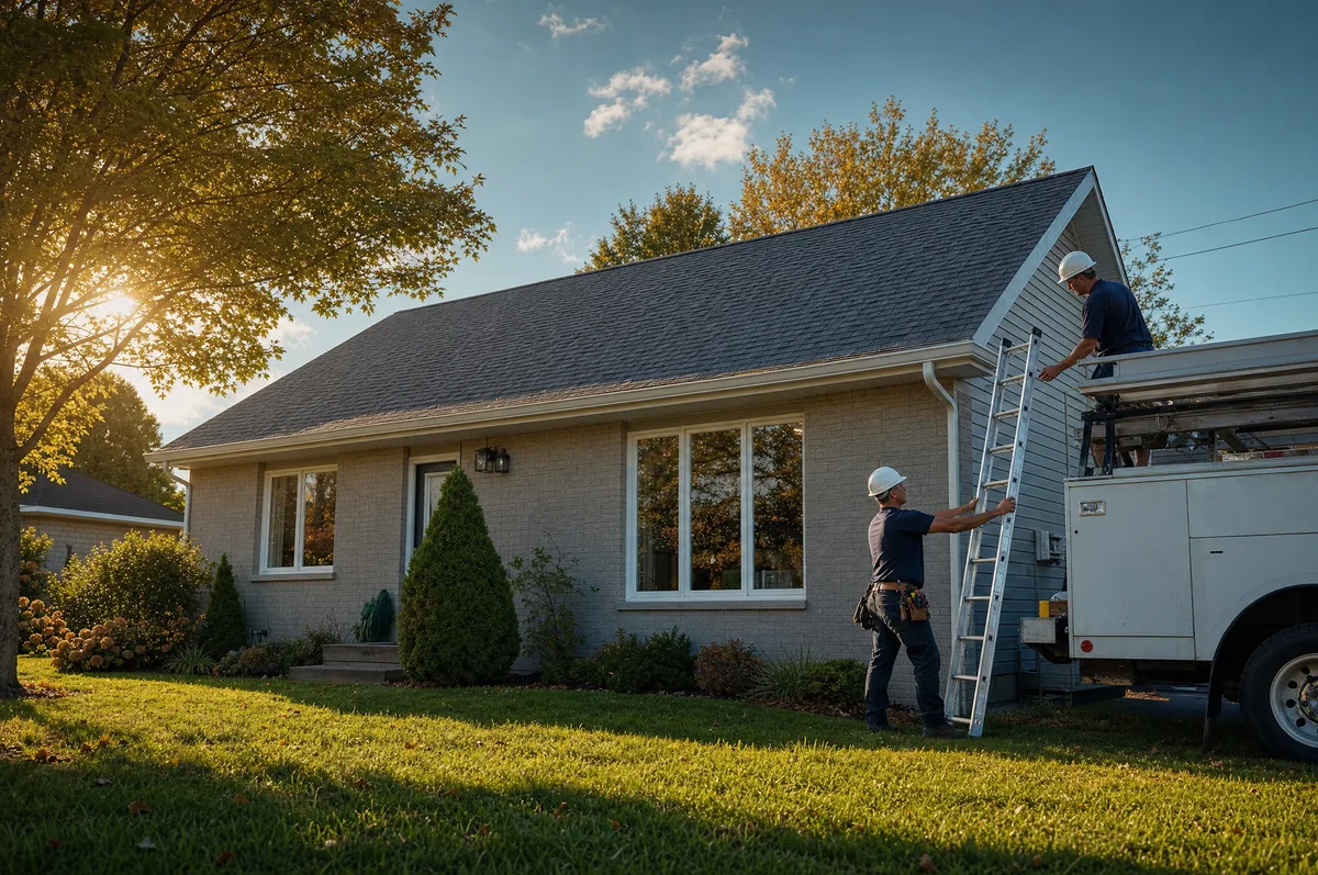 A freshly finished gray shingle roof with a straight ridge line in late afternoon light, a ladder being lowered at the side