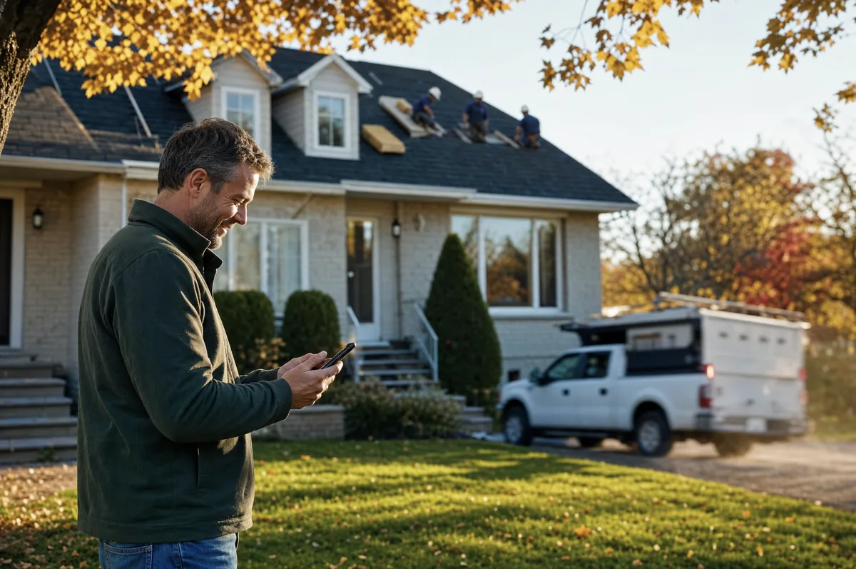 A homeowner on the lawn looking happily at their phone with a newly roofed house behind them