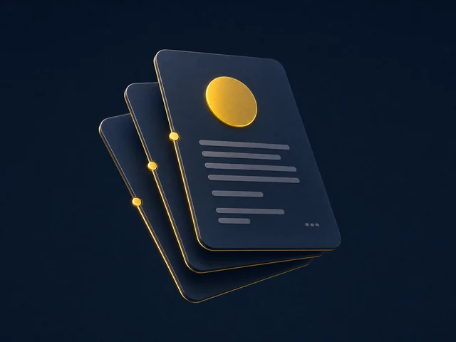 A fanned stack of navy client cards connected by a glowing gold timeline thread