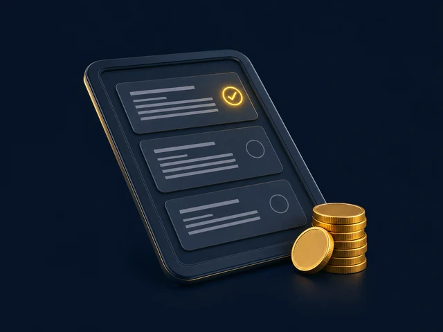 A navy tablet listing invoices, one marked paid with a glowing gold check, beside a stack of gold coins