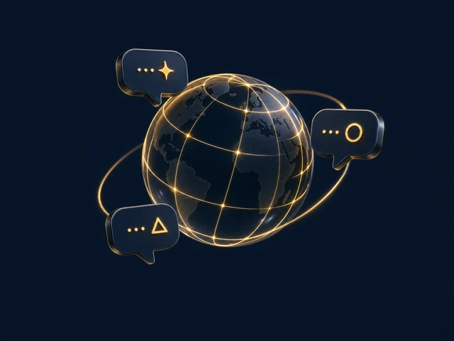 A navy glass globe with gold meridians and floating speech bubbles