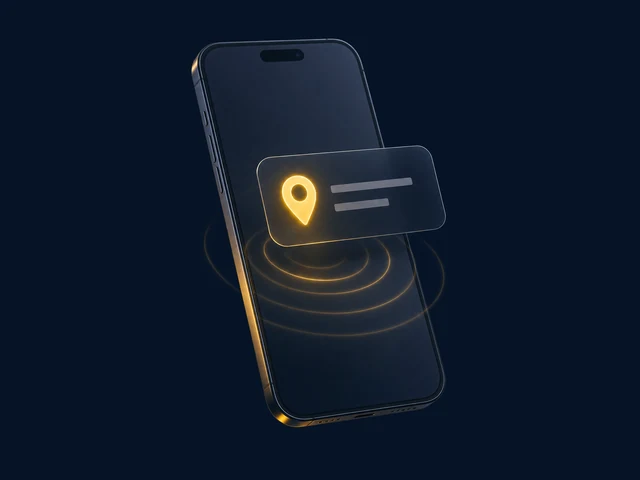 A navy smartphone with a floating glass notification banner holding a gold location pin and soft gold ping rings