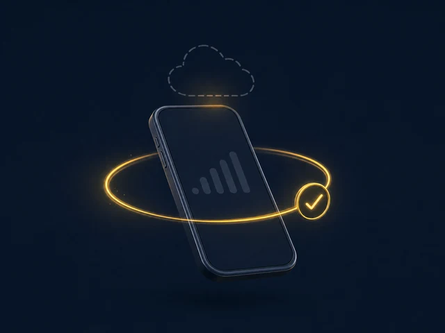 A navy phone with no signal inside a glowing gold sync ring with a check mark, and a dashed cloud above it