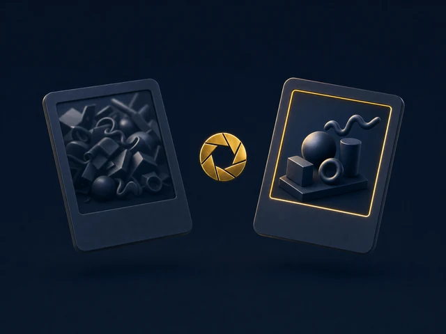 A dim before photo and a bright after photo with a glowing gold edge, and a gold camera shutter ring between them