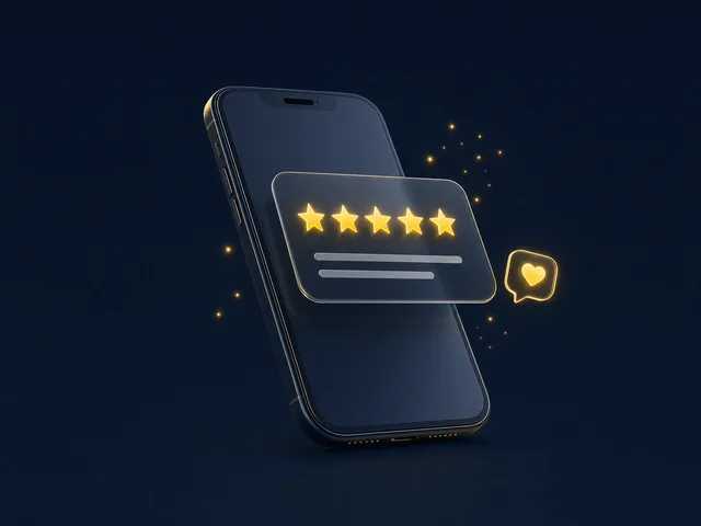 A navy smartphone with a floating glass review card holding five glowing gold stars and a gold heart speech bubble