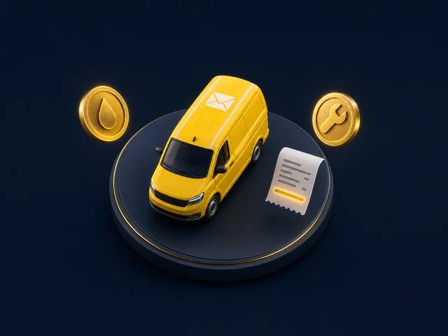 A gold delivery truck on a navy platform with floating gold fuel, wrench and receipt tokens